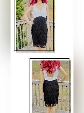 Blu Sage White Black Sequined Lace Midi Cocktail Party Formal Dress Sz 14P NWT